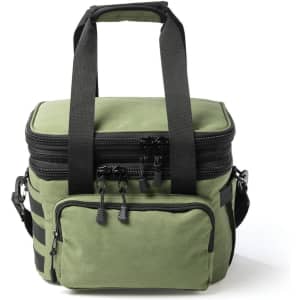 An olive green cooler bag with black straps and zippers, featuring a front pocket and a sturdy handle.