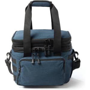 A blue cooler bag with dual zippers, carrying handles, and an adjustable shoulder strap. It features a front pocket and logo.