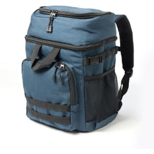 A blue backpack cooler with zippers, straps, and a mesh pocket on the side. It features a sturdy design.