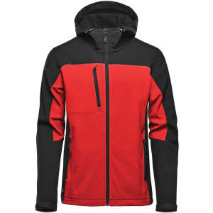 A men's hooded softshell jacket featuring a red and black design, with a front zip and multiple pockets.
