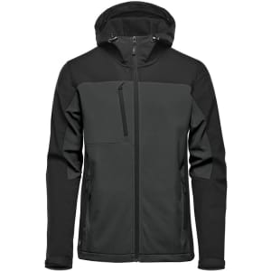 A softshell jacket featuring a hood, with a dominant dark green and black colour scheme. Includes a logo.