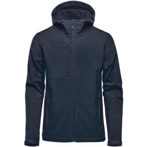 A men's hooded softshell jacket in dark navy, featuring a front zip and zippered pockets. It has a logo on it.