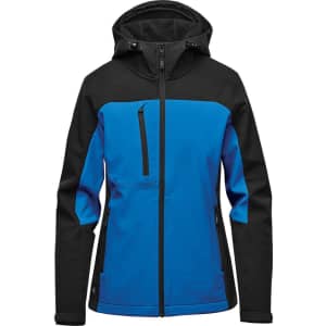 A hooded softshell jacket in blue and black, featuring a zippered front pocket and a logo.