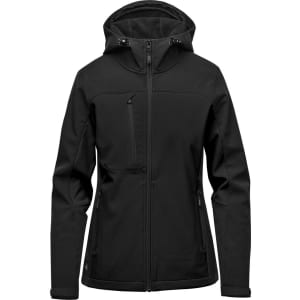 A black women's hooded softshell jacket featuring a front zipper and a chest pocket, with a logo on it.