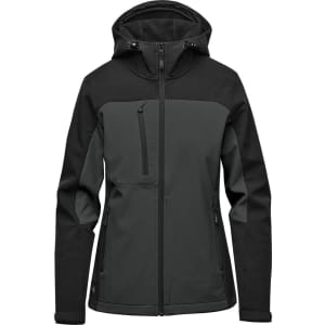A women's hooded softshell jacket in dark green and black, featuring a front zip, pockets, and a hood.