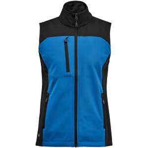 A women's softshell vest in blue and black, featuring zippered pockets and a high collar. Includes a logo.
