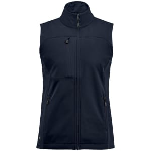A women's navy softshell vest with a high collar, zippered pockets, and a subtle logo.