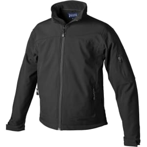 A black softshell jacket with a high collar and zippered pockets, featuring a logo on the left side.