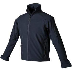 A black women's softshell jacket featuring a high collar and zippered pockets, with an attached logo.