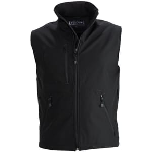 A black men's softshell vest featuring a high collar and multiple zippered pockets. It has a branding logo.