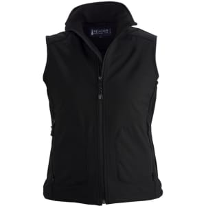 A black women's softshell vest featuring zippered pockets and a stand-up collar. It has a logo on the upper back.