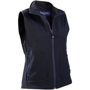 A navy women's softshell vest with a zip front, featuring pockets and a logo on the chest.