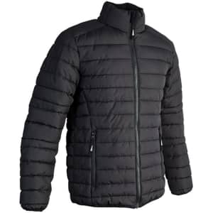 A black unisex puffer jacket with a zip-up front and side pockets, featuring a logo on the chest.