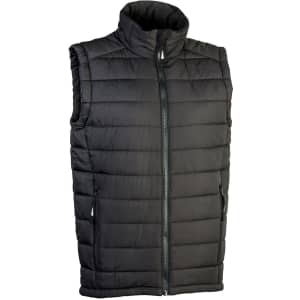 A black unisex puffer vest with a high collar, featuring zippered pockets and a front zipper.
