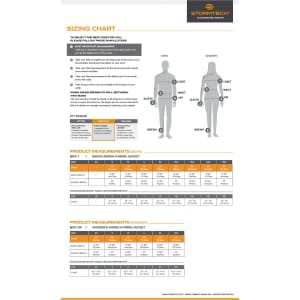 A sizing chart featuring measurements for Men's and Women's jackets, including details for fit, chest, waist, and sleeve lengths.