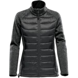 A women's hybrid jacket in dark grey and black with a zip front and a high collar. It features a logo.