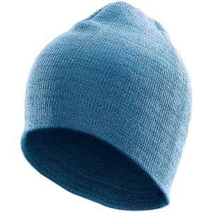 A blue knit beanie with a simple design and a small logo on the side.
