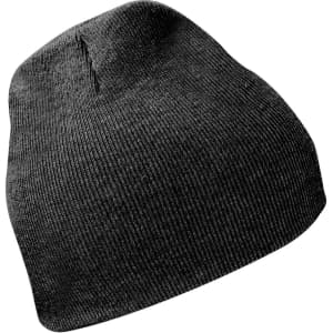 A black knitted beanie with a tapered design and a logo. Ideal for cold weather accessories.