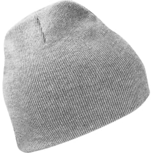 A grey knit beanie featuring a subtle ribbed texture and a small logo.