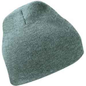 A green knit beanie made from soft fabric with a fitted design and a subtle logo.