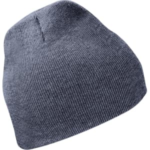 A dark grey knit beanie featuring a snug fit and a ribbed texture, complete with a logo.
