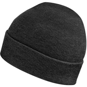 A black knit beanie with a roll-up cuff, featuring a small logo.