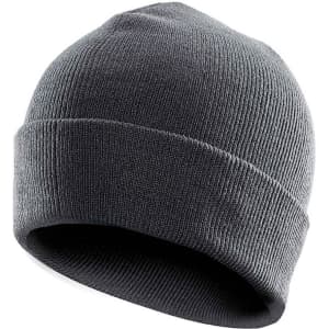 A dark grey knit beanie with a turned-up cuff and subtle branding.
