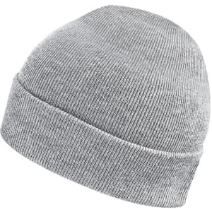 A grey knit beanie with a simple design and a branding logo on the side.