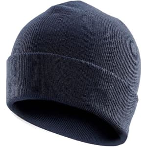 A navy beanie with a ribbed texture and a folded cuff, featuring a logo on one side.