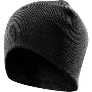 A black knit beanie with a snug fit and no visible branding. Ideal for headwear.