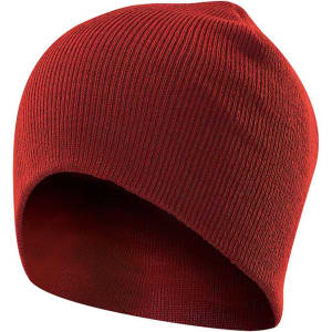 A red knit beanie with a snug fit and soft texture, featuring a branding logo on the side.