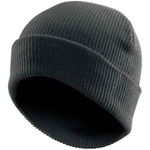 A vintage knit beanie in dark grey featuring a ribbed texture and a snug fit. It has a branding logo.