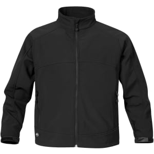 A black men's bonded jacket featuring a high collar and zip-up front, with side pockets and a logo.