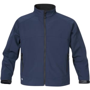 A navy men's bonded jacket with a front zipper and side pockets, featuring a branded logo on the lower hem.