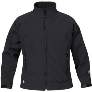 A black women's Cirrus Bonded Jacket with a zip front, featuring two side pockets and a logo.