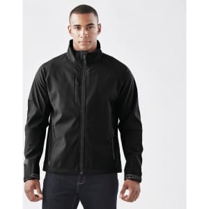 A black ultra-light shell jacket with a zip front and side pockets, featuring a logo on the sleeve.