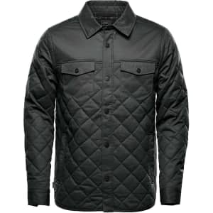 A men's quilted jacket in dark green, featuring a button-up front and chest pockets, with a logo.