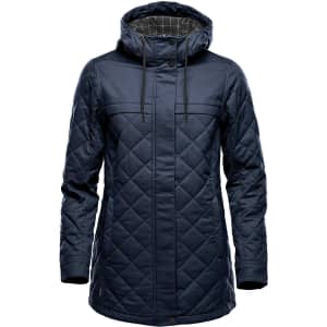A navy women's quilted puffer jacket featuring a hood, front pockets, and a checkered lining. It has a logo.