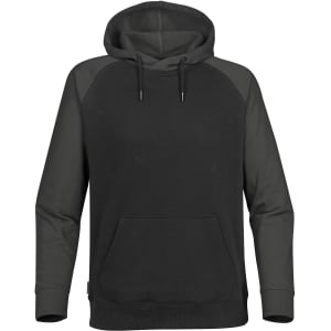 A black and green men's hoody with a front pocket and a drawstring hood, featuring raglan sleeves and a logo.