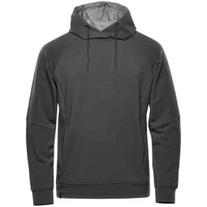 A dark grey hoodie featuring a drawstring hood and raglan sleeves, with a logo on the front.