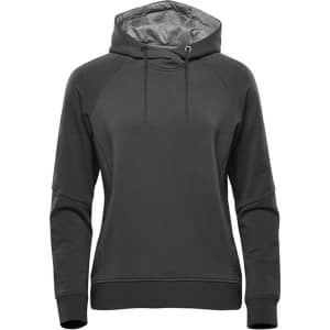 A dark green women's hoodie featuring a drawstring hood and a sleek design. It includes a logo.