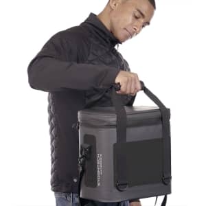 A cooler bag in grey is being held by a person wearing a black jacket, featuring a logo on the side.