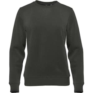 A green Women's Yukon Crew Pullover, featuring a simple design and ribbed cuffs, with a small logo on the front.