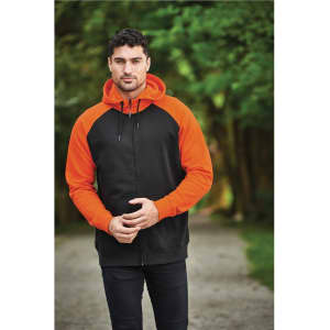 A men's zip hoodie in black and orange, featuring a hood and contrasting sleeves, set in a natural outdoor environment.