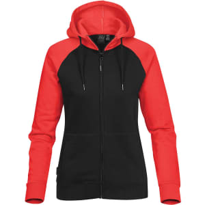 A women's zip hoody featuring black and red panels, with a front zipper and a hood. It includes a logo.