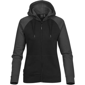 A women's zip hoodie in black with contrasting grey sleeves, featuring a hood and front pockets, includes a logo.