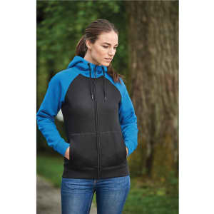 A zip hoody featuring a black body and blue sleeves, designed with a hood and front pockets. It has a logo.