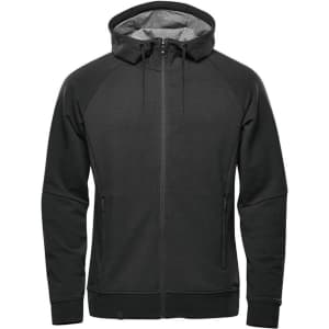 A men's full zip hoody in black with a grey interior and a logo on the front.