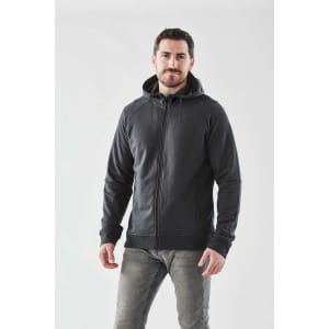 A men's full zip hoody in dark grey, featuring a hood and a fitted design, displayed on a model.