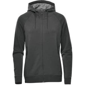 A full zip hoodie in dark grey with a hood, featuring a sleek design and a discreet logo.
